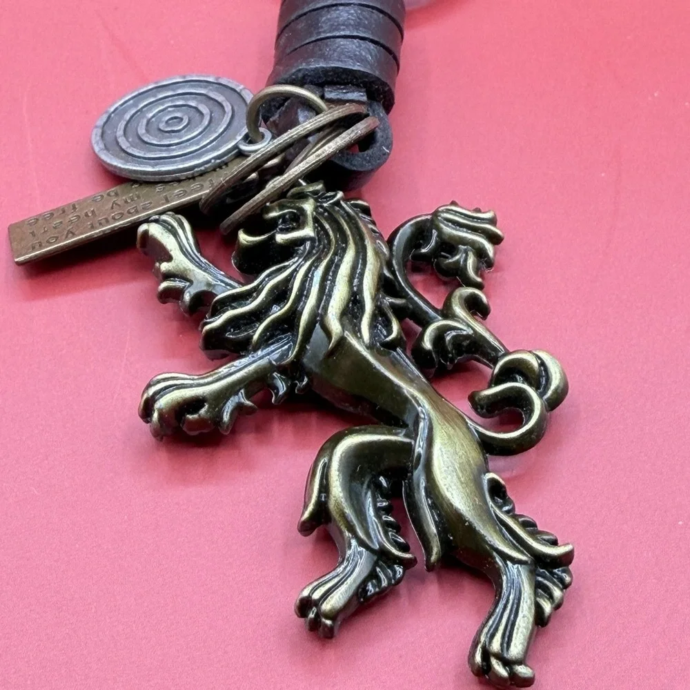 Lannister Lion Keychain Bronze Tone Leather Charm Game of Thrones Style Gift